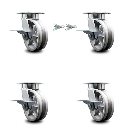 Service Caster 6 Inch Kingpinless V Groove Semi Steel Wheel Caster Brakes 2 Swivel Locks, 4PK SCC-KP30S620-VGR-SLB-BSL-2-SLB-2
